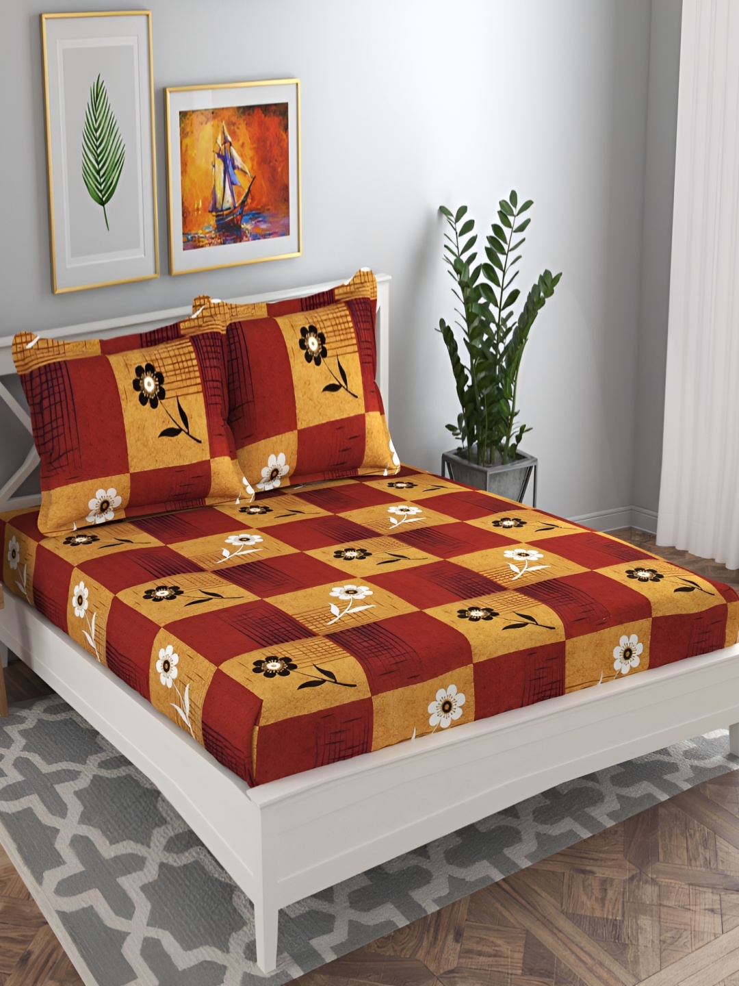 

bsb home Red & Yellow Floral Printed 144 TC Queen Bedsheet with 2 Pillow Covers