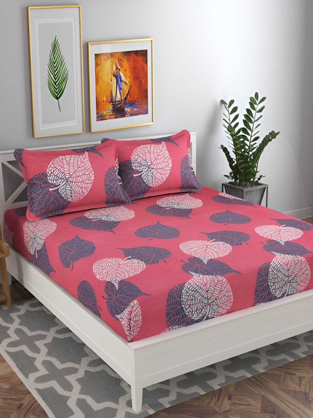 

bsb home Prime Pink & Grey Floral Printed 144 TC Queen Bedsheet With 2 Pillow Covers