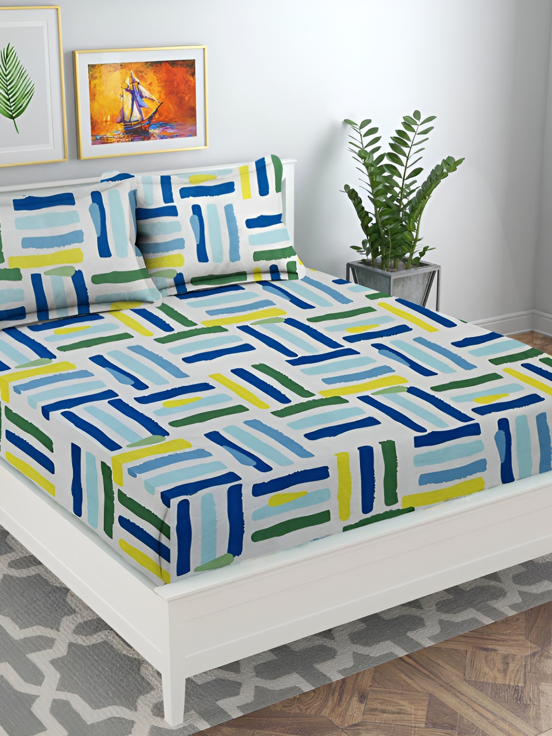 

bsb home Prime Blue & White Floral Printed 160 TC Queen Bedsheet With 2 Pillow Covers