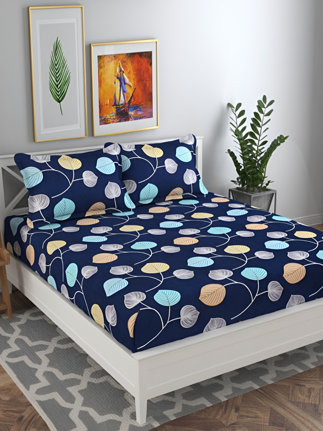 

bsb home Prime Navy Blue Floral Printed 144 TC Queen Bedsheet With 2 Pillow Covers