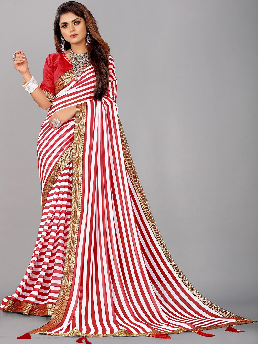 

Reeta Fashion Striped Zari Pure Georgette Saree, Red