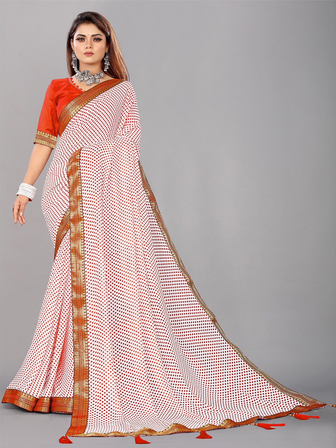 

Reeta Fashion Polka Dot Printed Zari Pure Georgette Saree, Orange