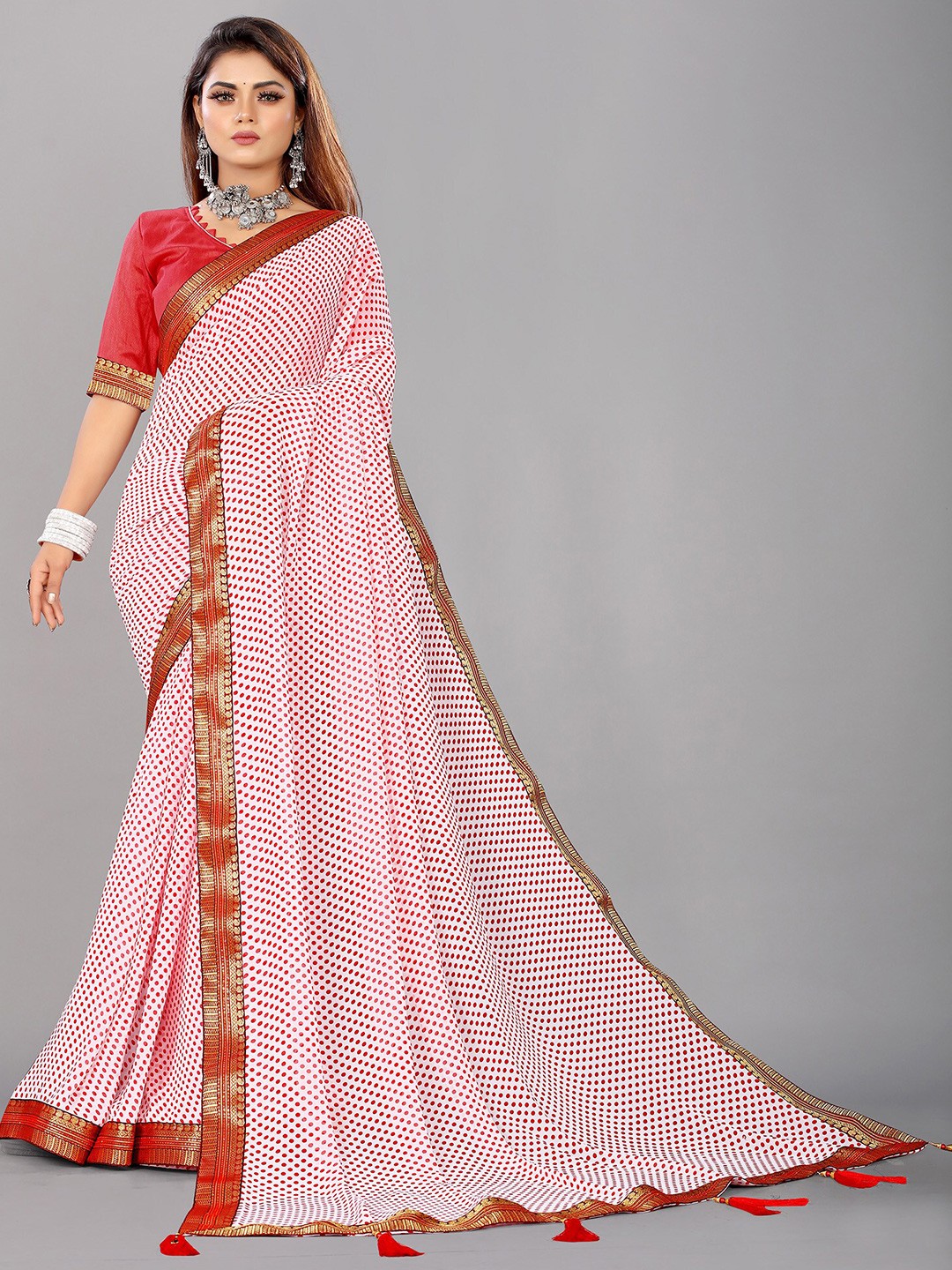 

Reeta Fashion Polka Dot Printed Zari Pure Georgette Saree, Red