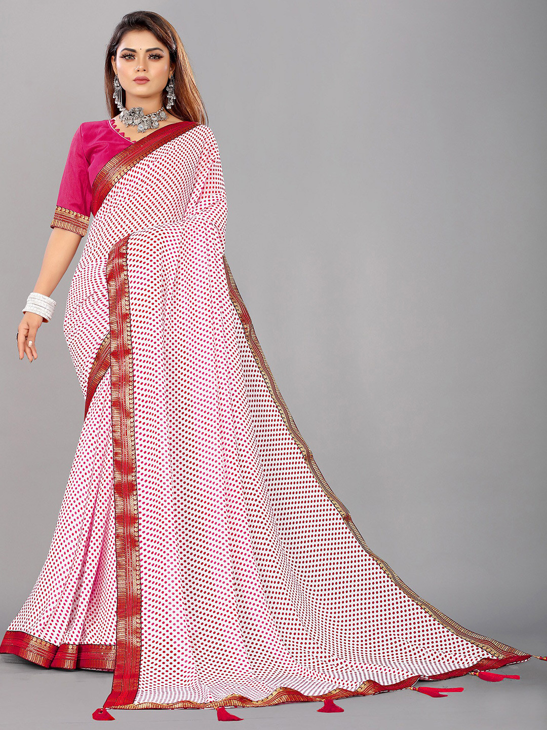 

Reeta Fashion Polka Dot Printed Zari Pure Georgette Saree, Pink