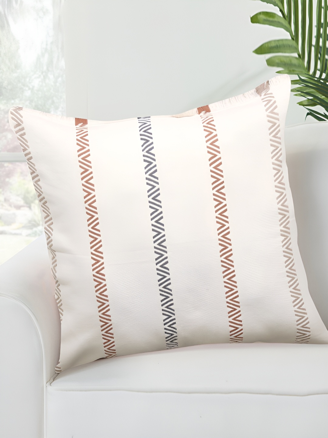 

FABURAA Beige and Blue Cotton Striped Square Cushion Covers