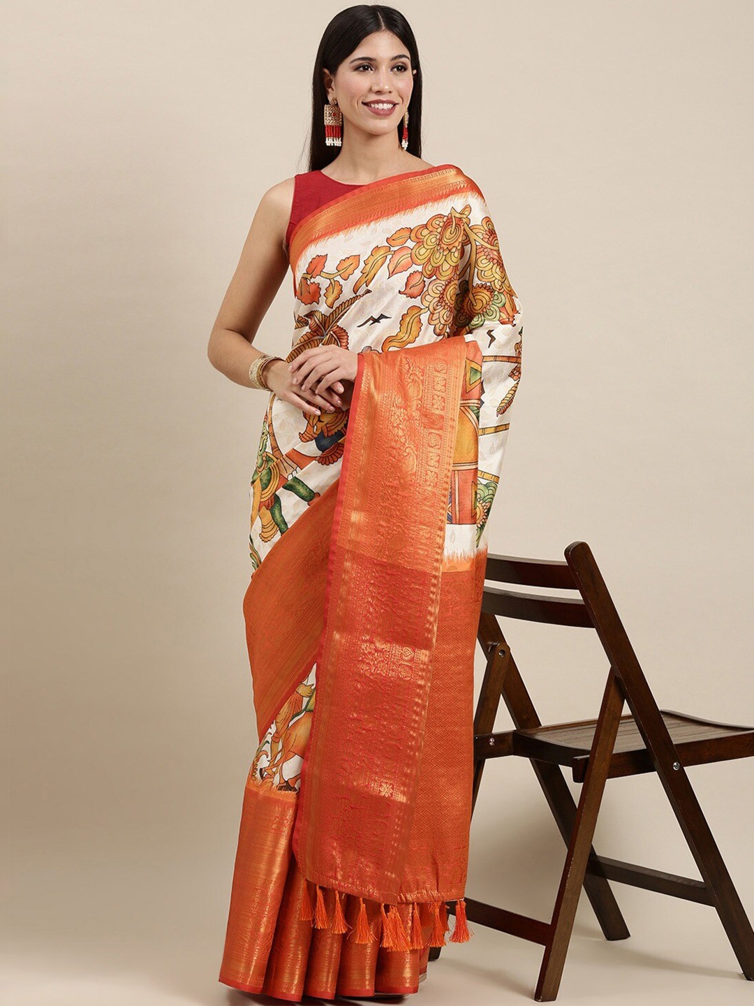 

Spetila Kalamkari Printed Zari Pure Silk Banarasi Saree, Cream