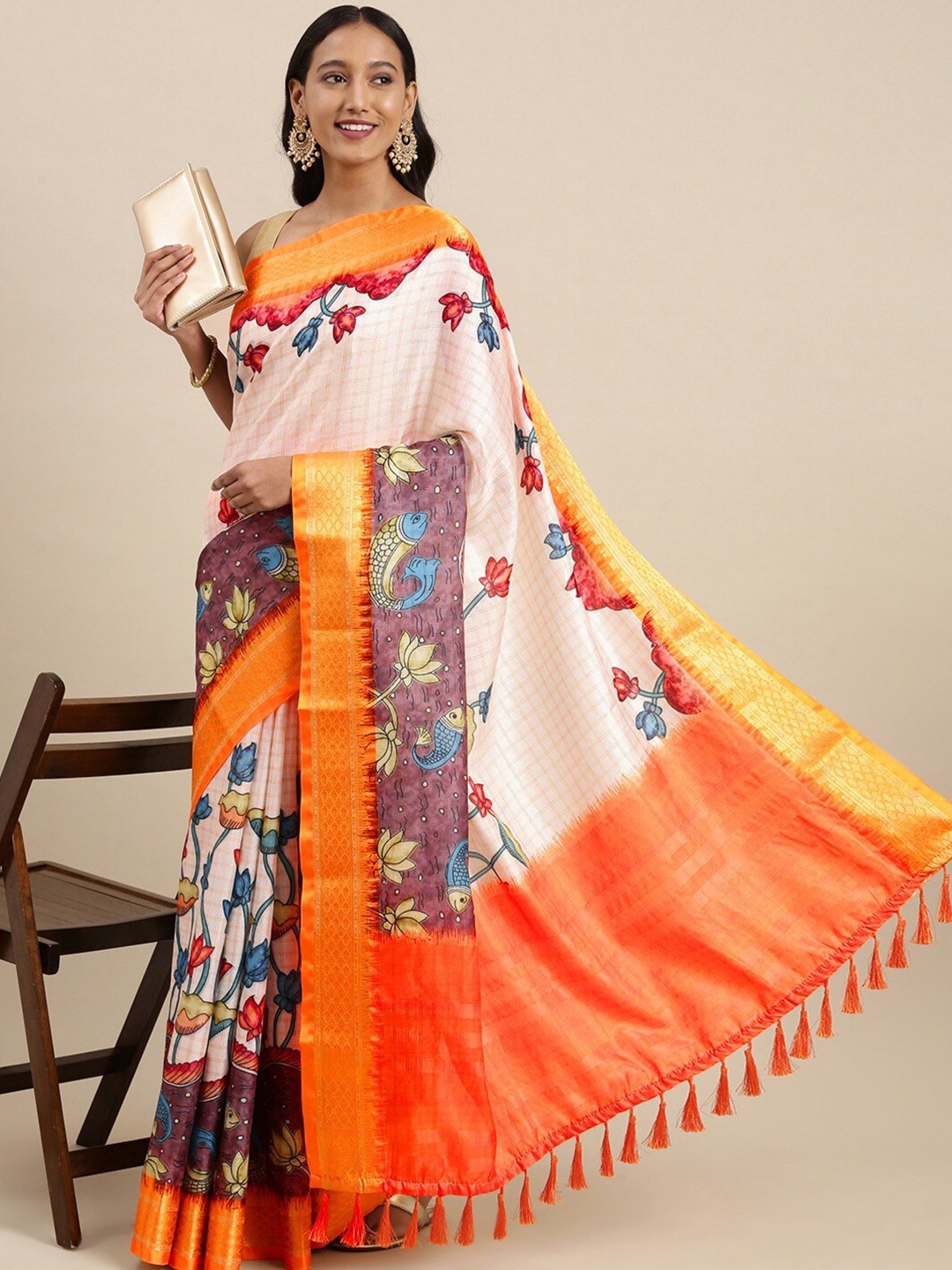 

Spetila Kalamkari Zari Pure Silk Banarasi Saree, Off white