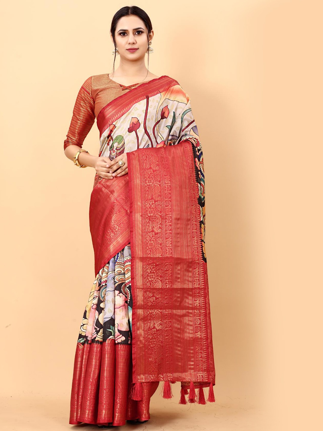 

Spetila Kalmkari Digital Printed Banarasi Silk Kanjeevaram Saree, Grey