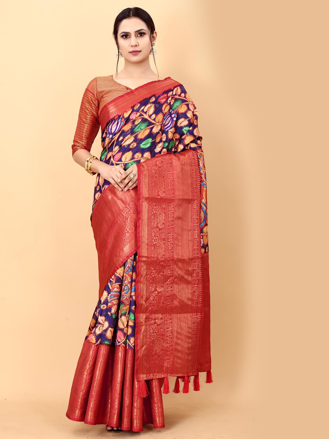 

Spetila Kalamkari Zari Pure Silk Banarasi Saree, Blue