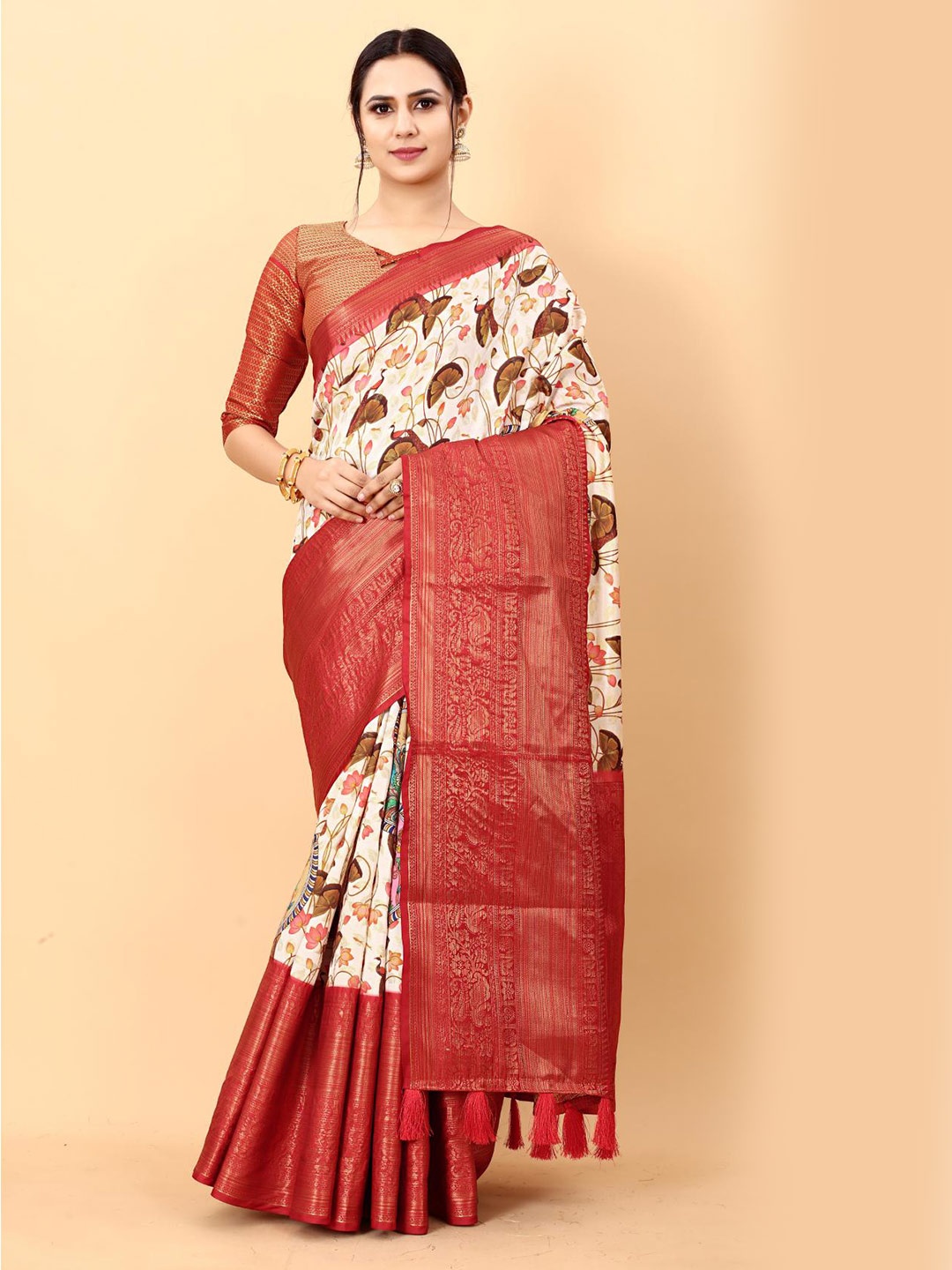 

Spetila Kalmkari Digital Printed Banarasi Silk Kanjeevaram Saree, Cream