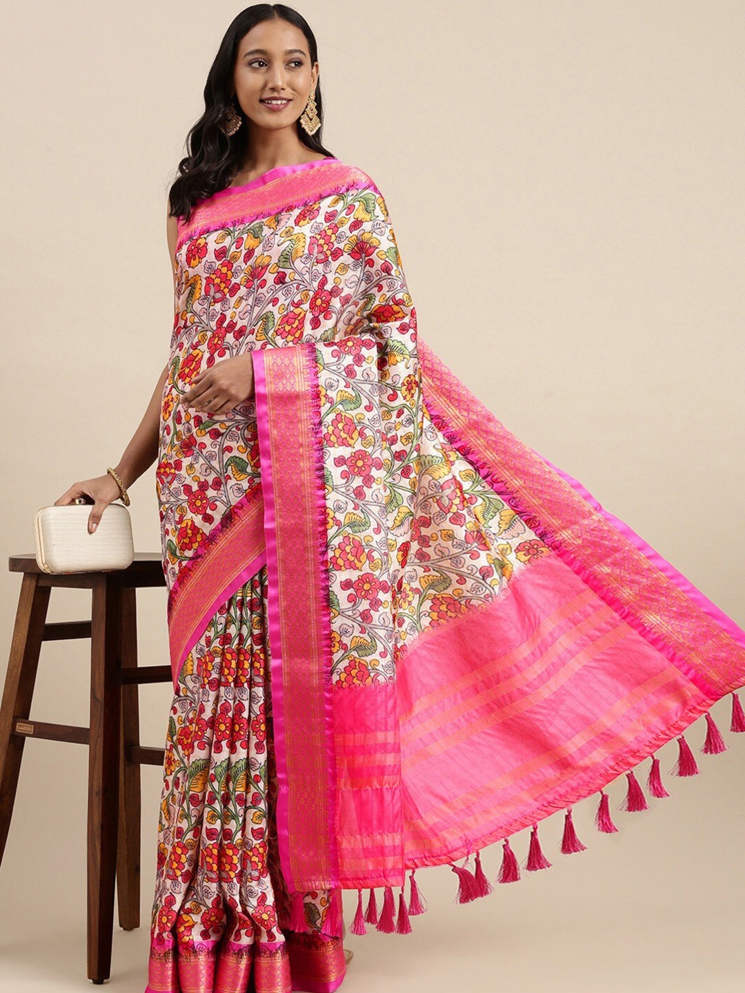 

Spetila Kalamkari Printed Zari Pure Silk Banarasi Saree, Pink