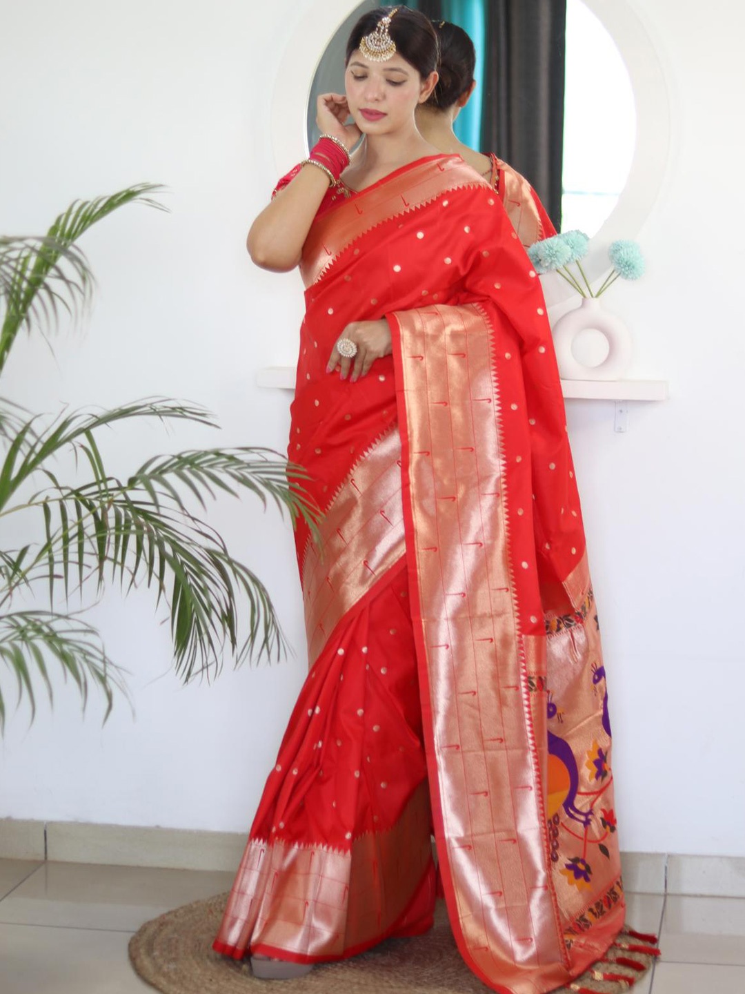 

Spetila Polka Dot Woven Design Zari Pure Silk Paithani Saree, Red