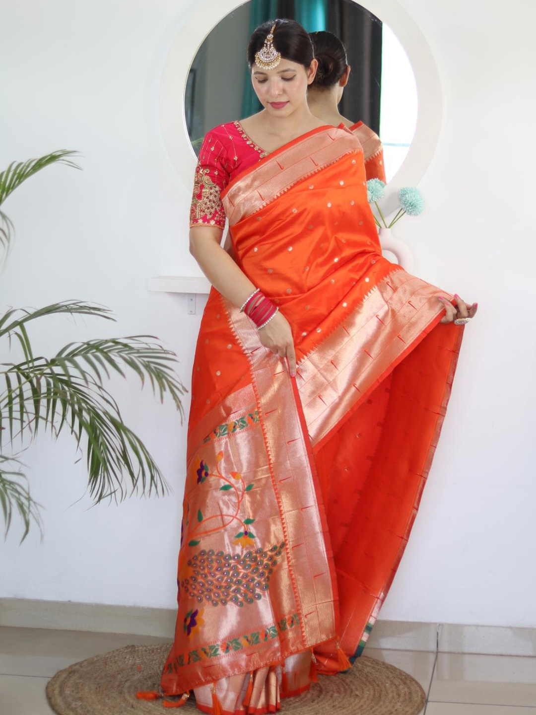 

Spetila Polka Dot Woven Design Zari Pure Silk Paithani Saree, Orange