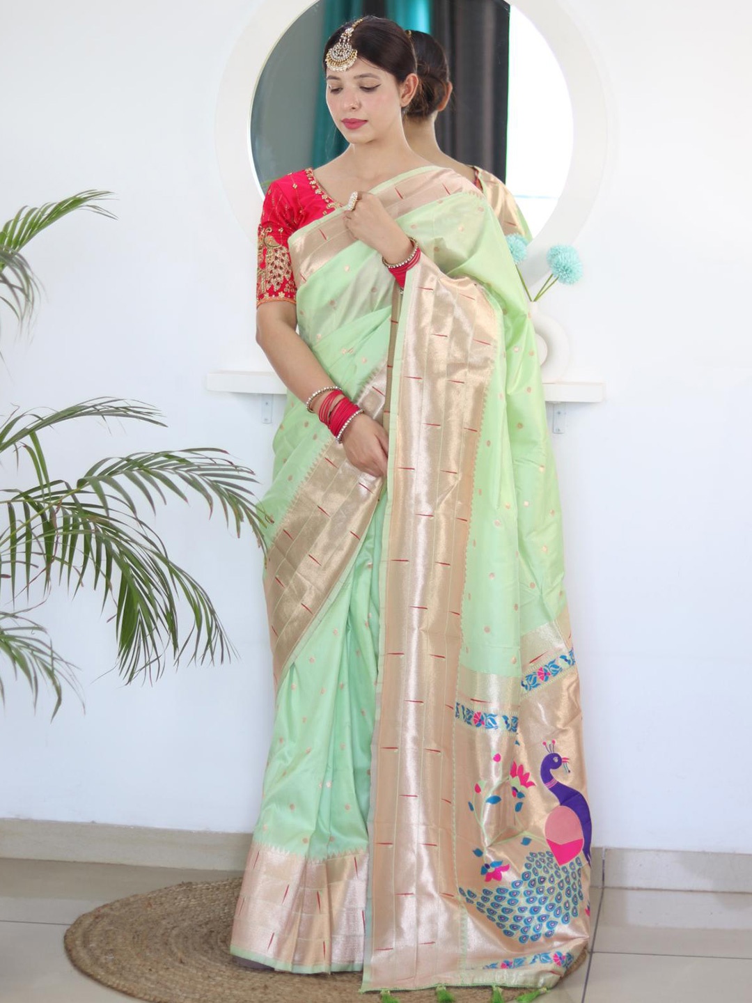 

Spetila Polka Dots Woven Design Zari Banarasi Silk Paithani Saree, Sea green