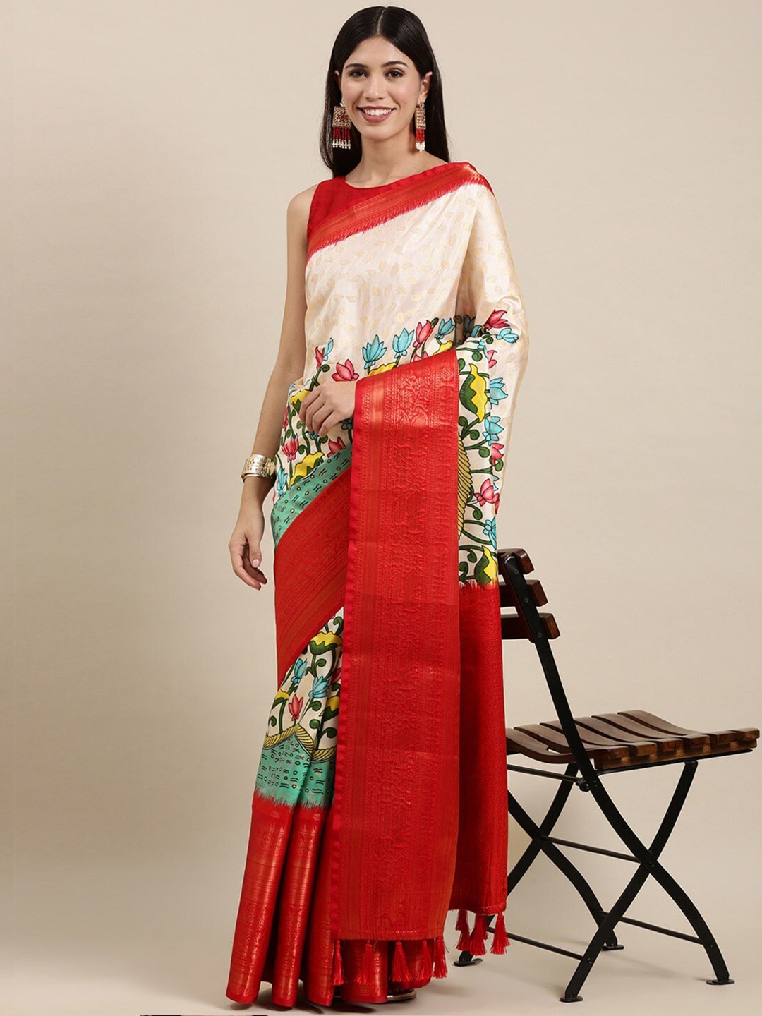 

Spetila Floral Printed Zari Pure Silk Kanjeevaram Saree, Off white