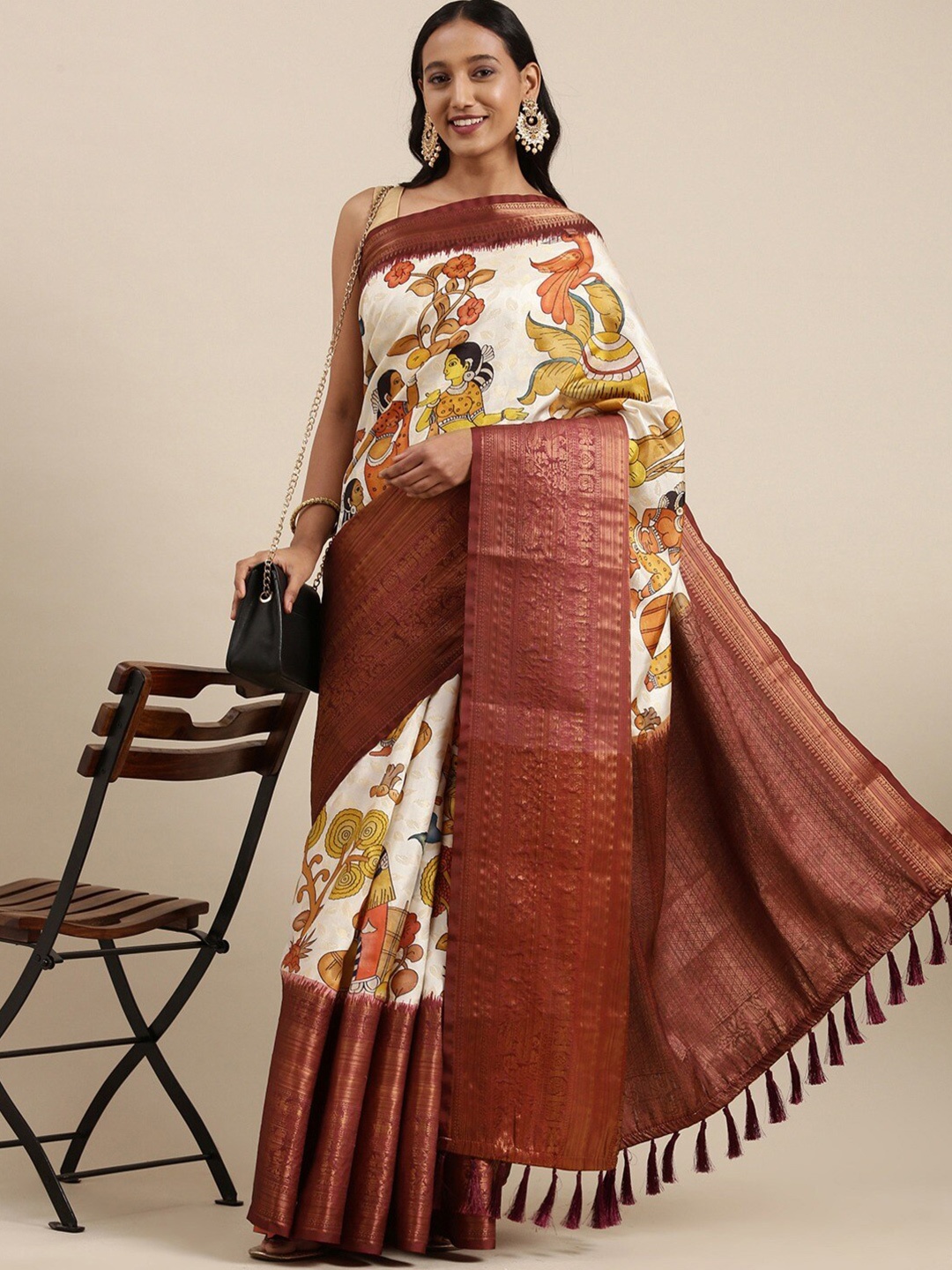 

Spetila Kalmkari Digital Printed Banarasi Silk Kanjeevaram Saree, White