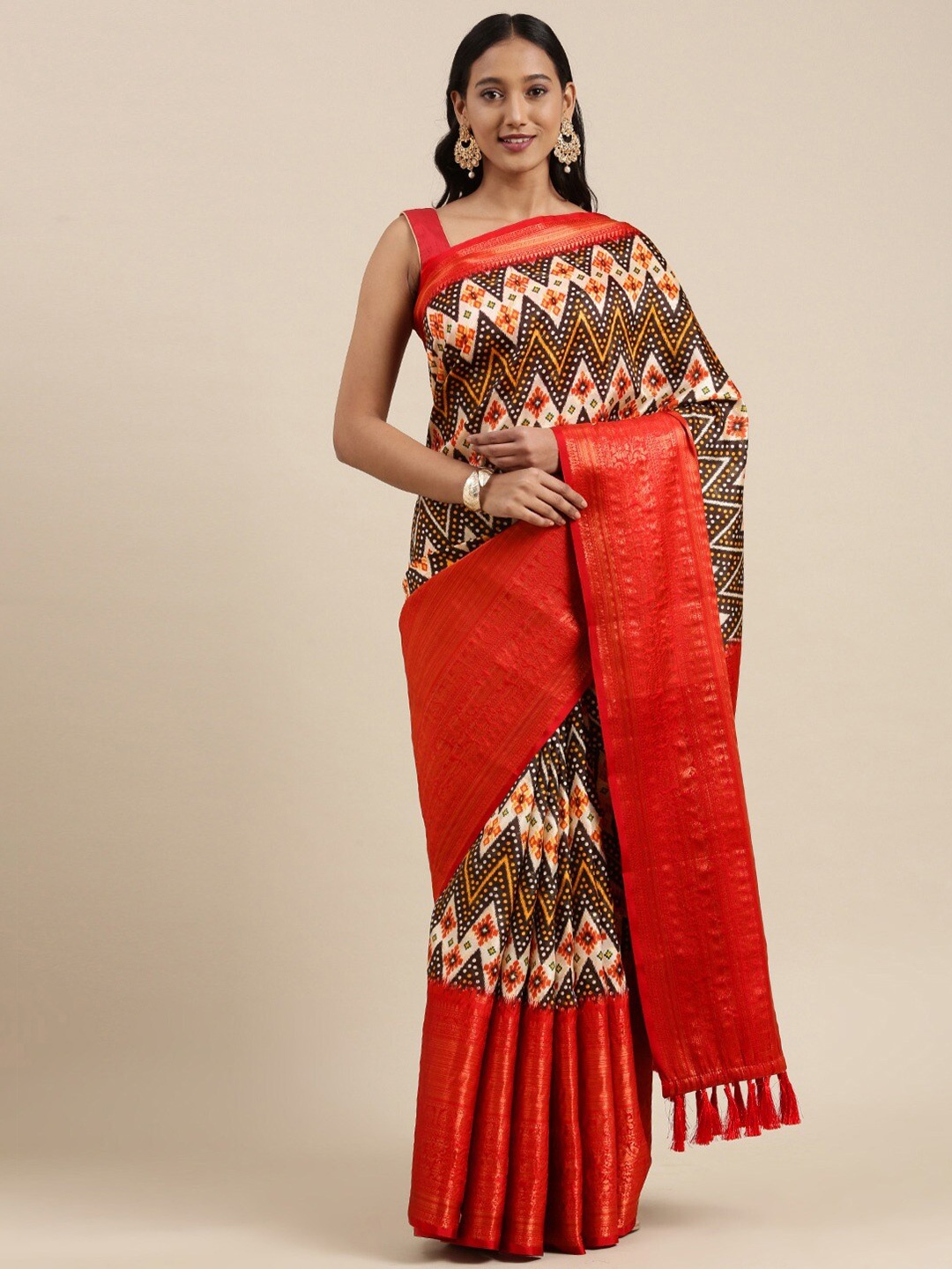 

Spetila Geometric Woven Design Zari Pure Silk Kanjeevaram Saree, Red
