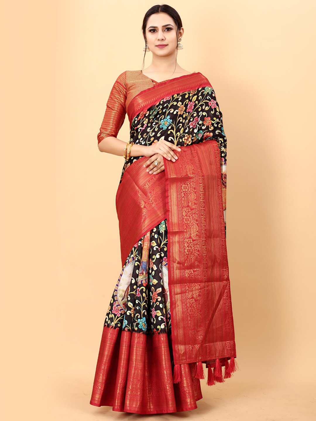 

Spetila Kalmkari Digital Printed Banarasi Silk Kanjeevaram Saree, Black
