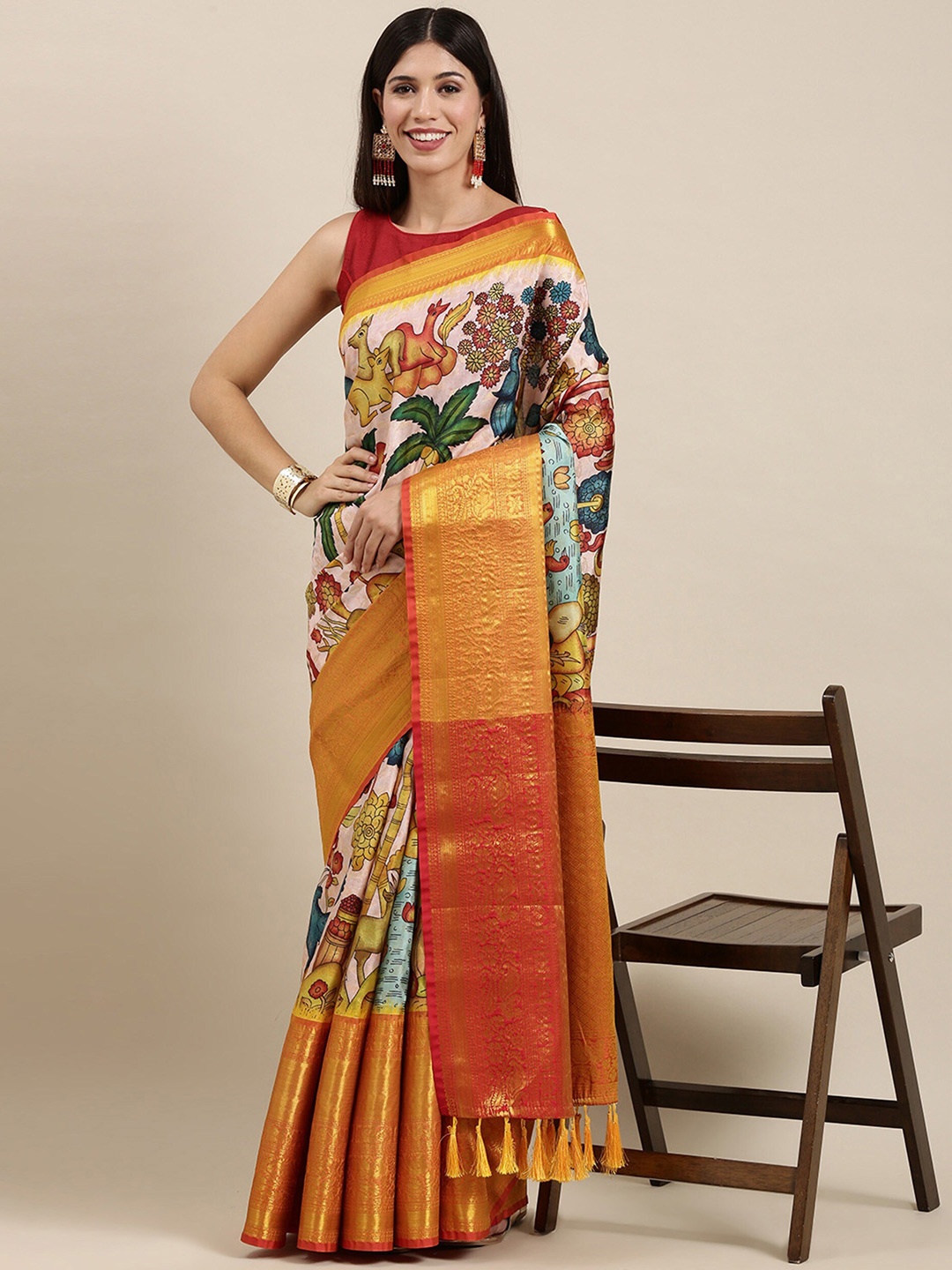 

Spetila Kalamkari Woven Design Zari Pure Silk Kanjeevaram Saree, White