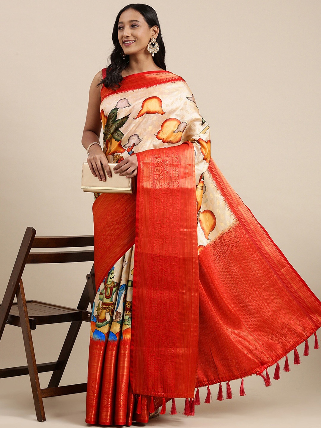 

Spetila Kalamkari Printed Zari Pure Silk Banarasi Saree, Cream