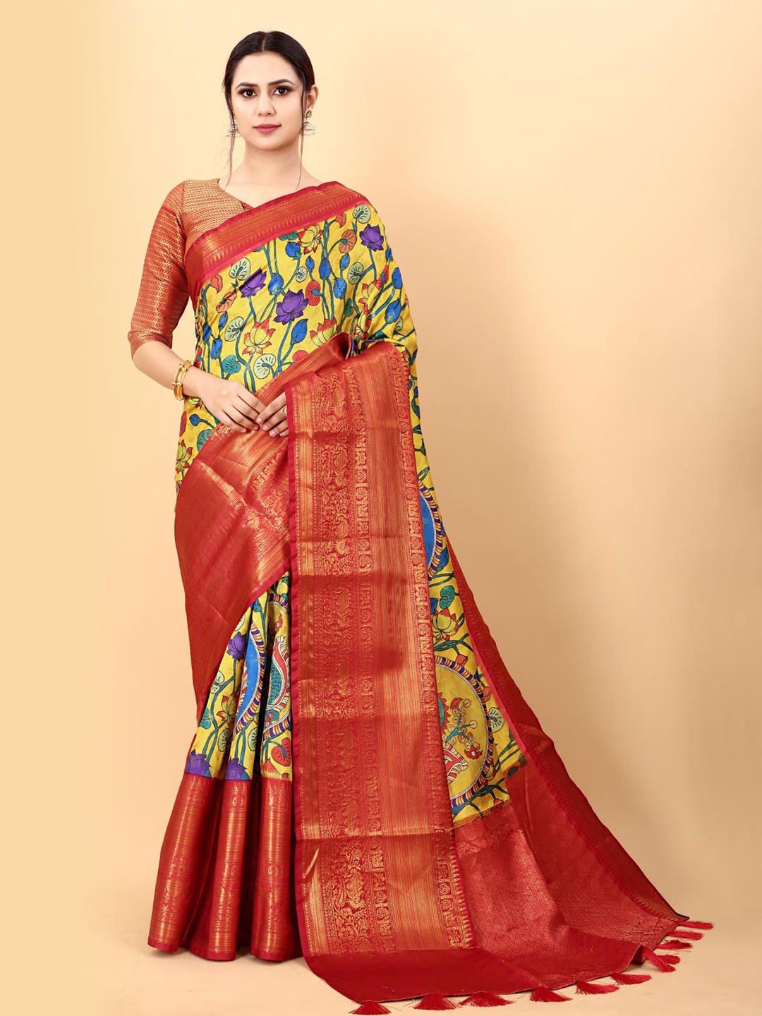 

Spetila Kalamkari Printed Zari Pure Silk Banarasi Saree, Yellow