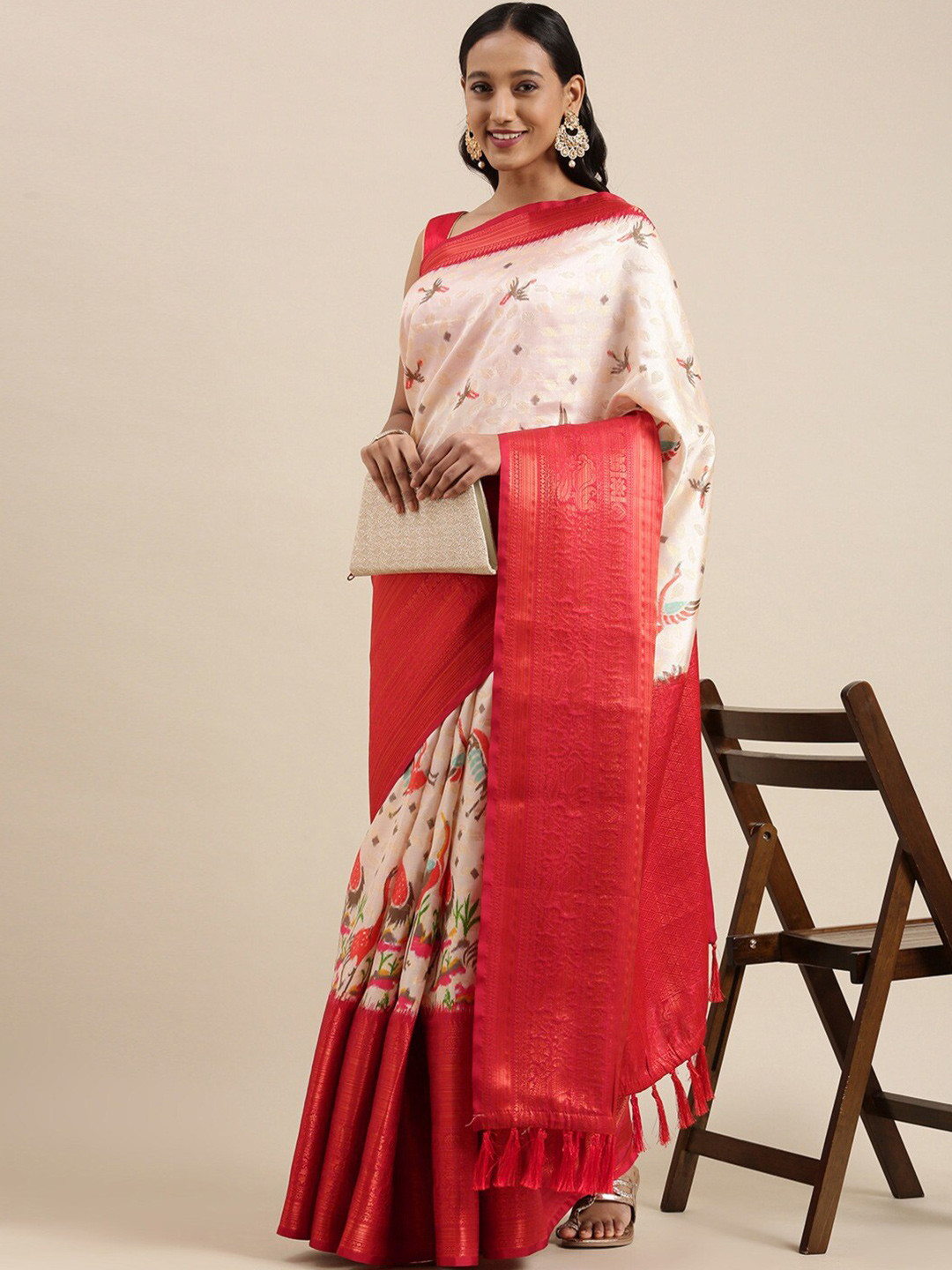 

Spetila Ethnic Woven Design Zari Pure Silk Banarasi Saree, Off white