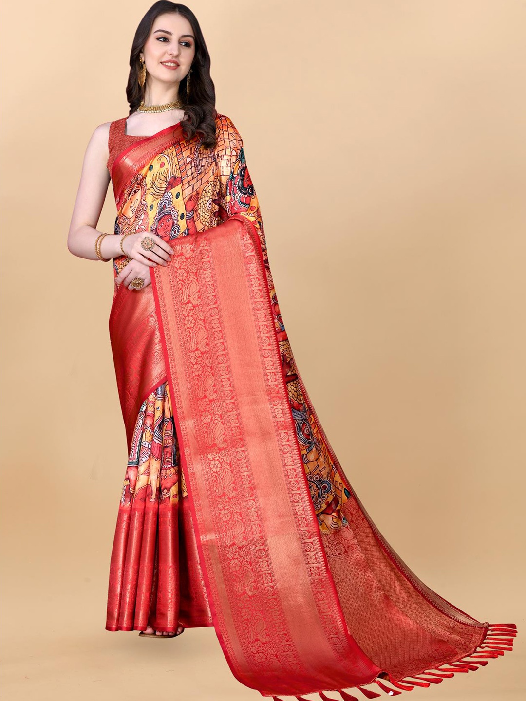 

Spetila Kalamkari Woven Design Zari Pure Silk Kanjeevaram Saree, Red