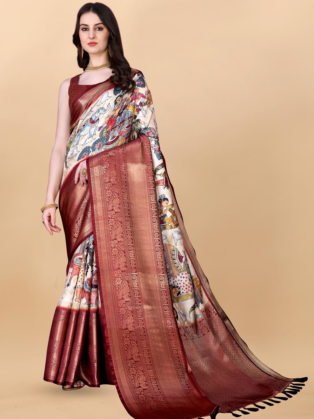 

Spetila Kalamkari Printed Zari Pure Silk Banarasi Saree, Off white