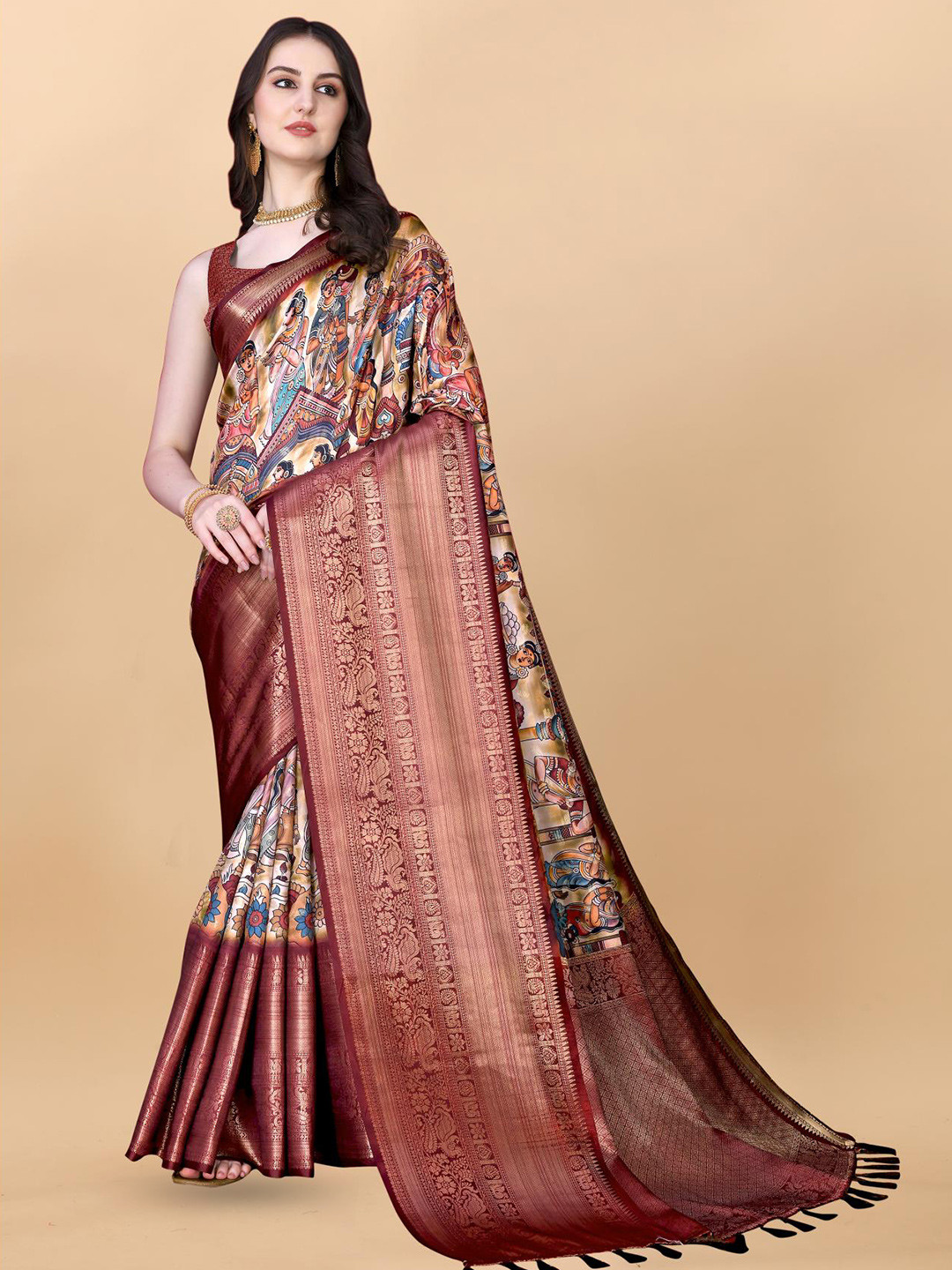 

Spetila Kalamkari Printed Zari Pure Silk Kanjeevaram Saree, Brown