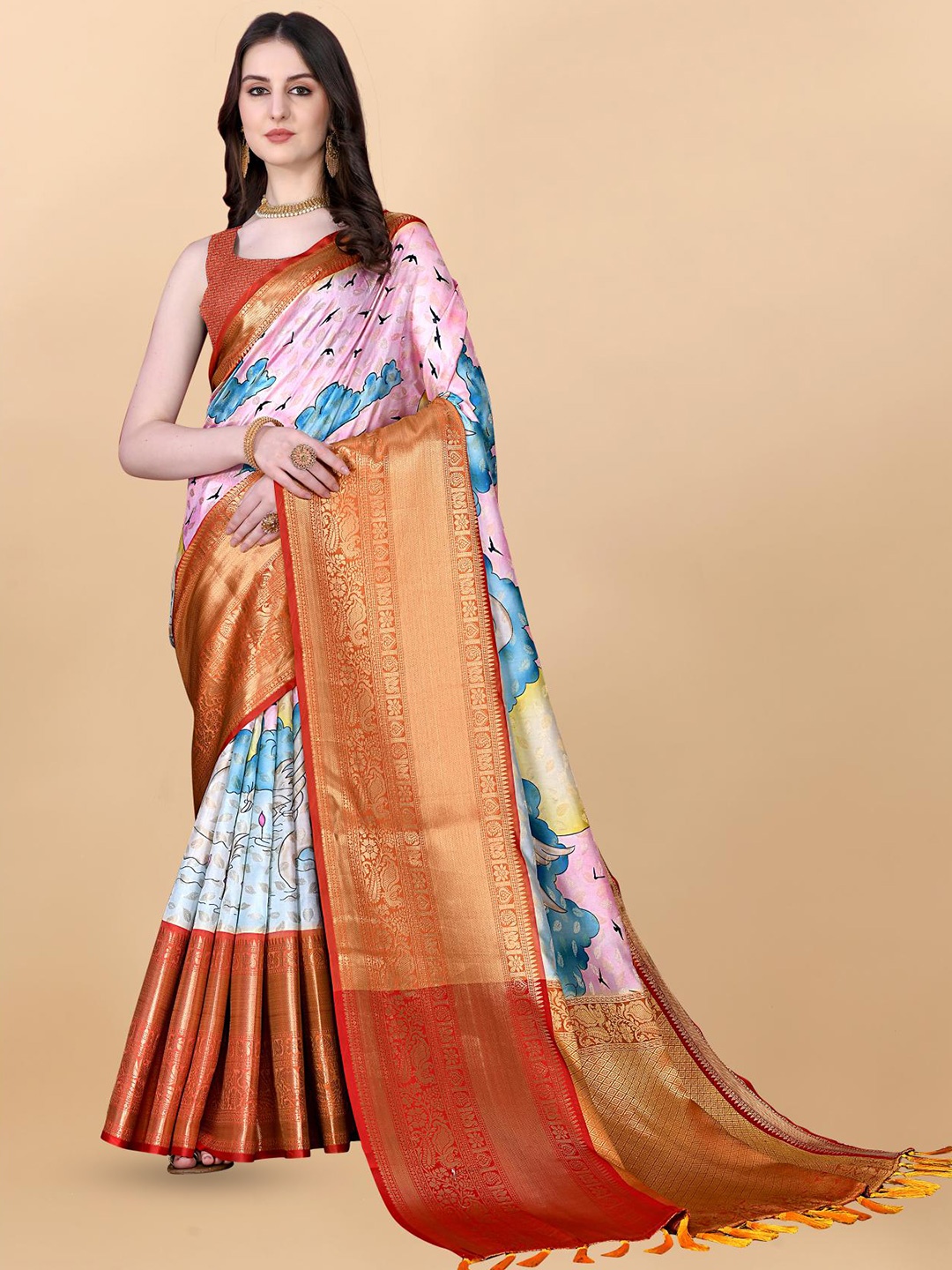 

Spetila Kalamkari Printed Pure Silk Banarasi Saree, Blue
