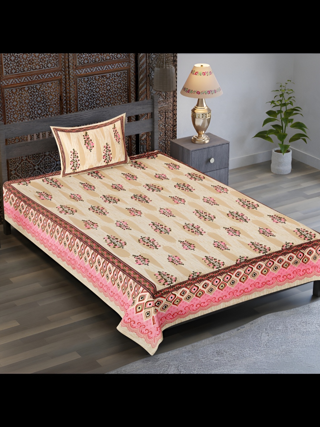 

UBANIA COLLECTION Pink Ethnic Motifs Cotton 120 TC Single Bedsheet with 1 Pillow Covers