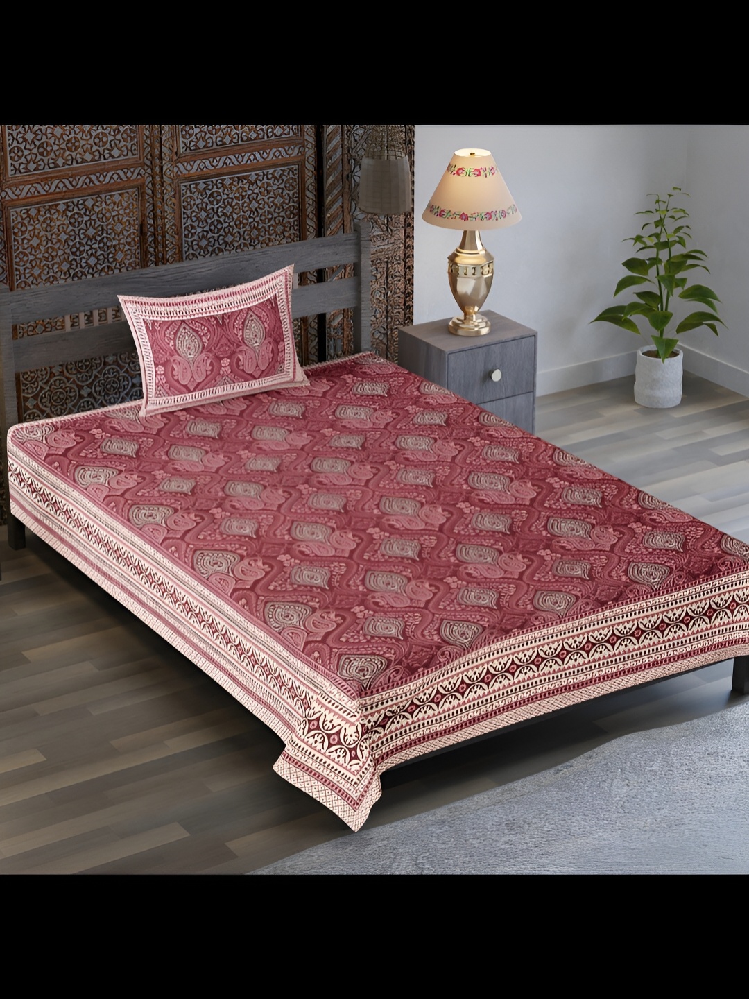 

UBANIA COLLECTION Maroon ethnic Motifs Cotton 120 TC Single Bedsheet with 1 Pillow Covers