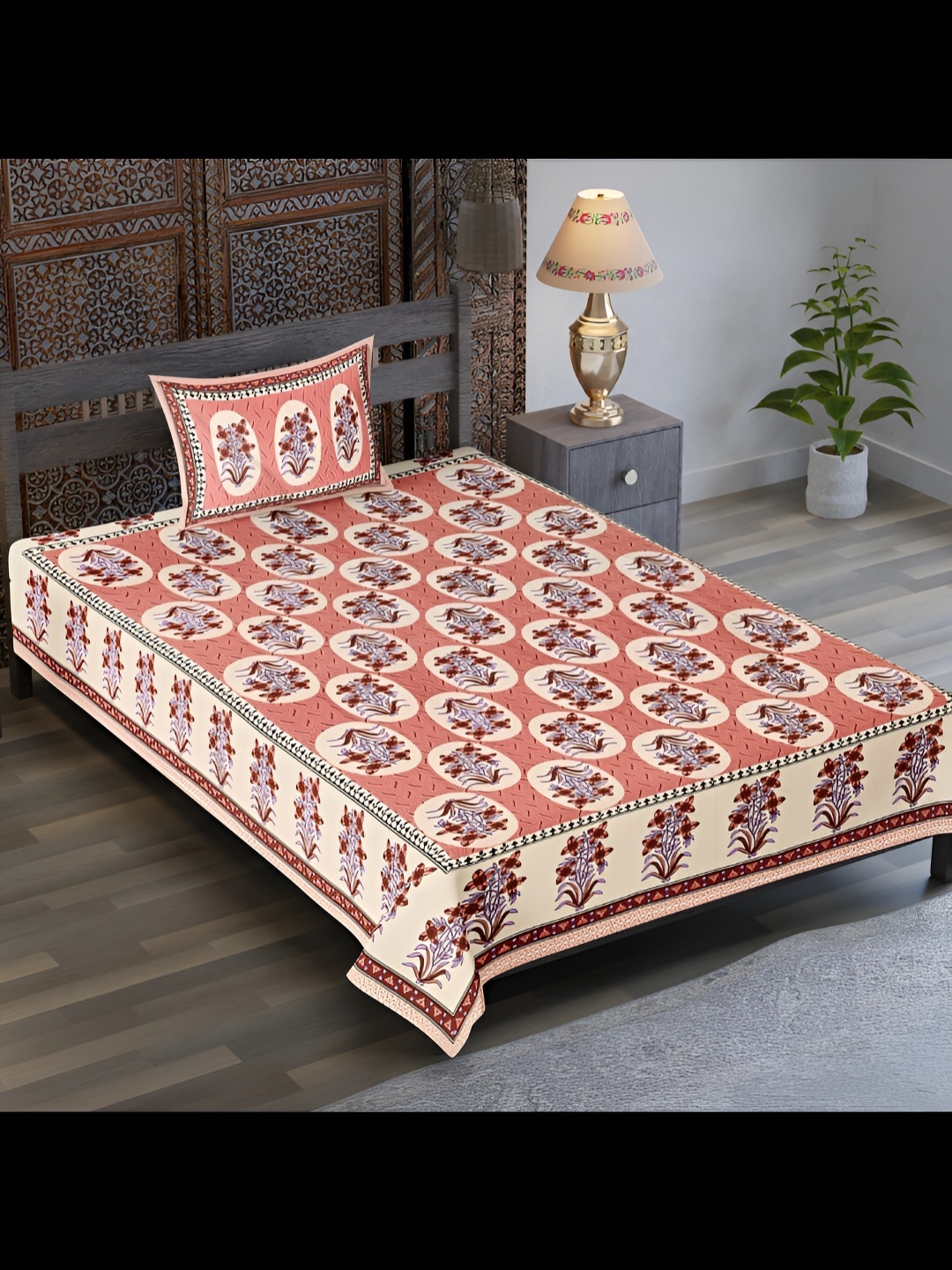 

UBANIA COLLECTION Peach Ethnic Motifs Cotton 120 TC Single Bedsheet with 1 Pillow Covers