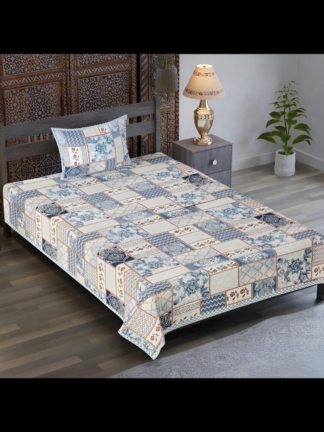 

UBANIA COLLECTION Blue & Beige Floral Cotton 120 TC Single Bedsheet with 1 Pillow Covers