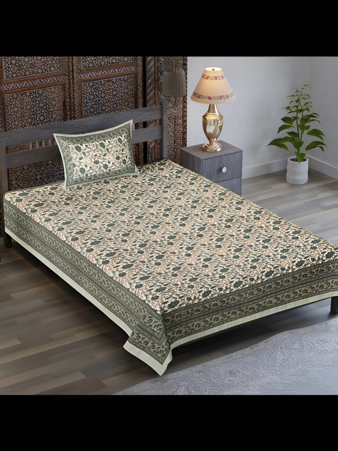 

UBANIA COLLECTION Green Floral Cotton 120 TC Single Bedsheet with 1 Pillow Covers