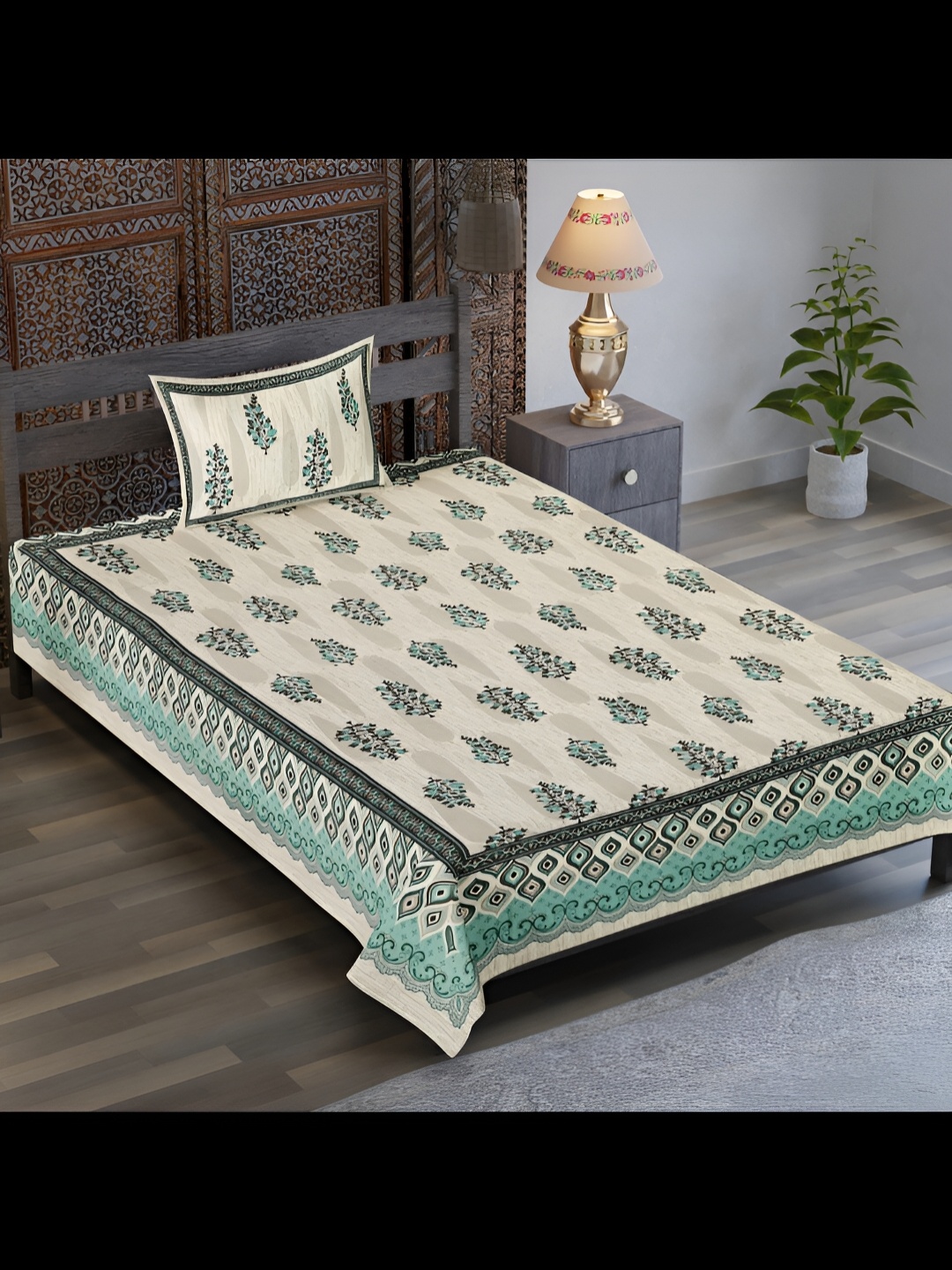 

UBANIA COLLECTION Beige Ethnic Motifs Cotton 120 TC Single Bedsheet with 1 Pillow Covers