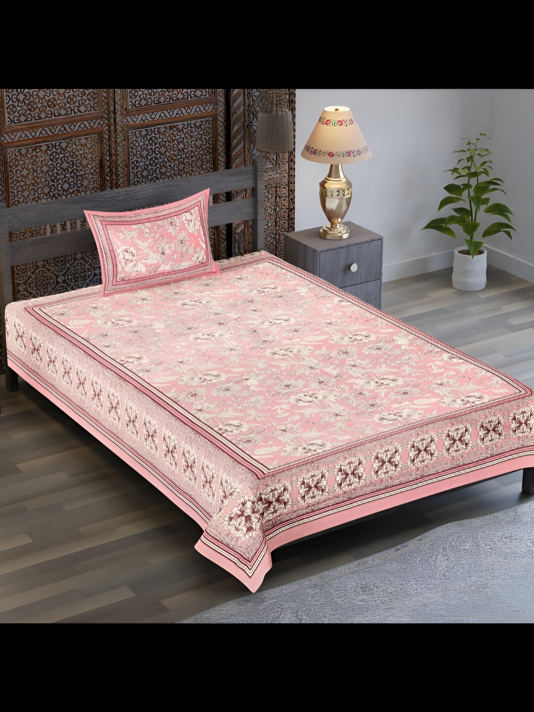 

UBANIA COLLECTION Pink Floral Cotton 120 TC Single Bedsheet with 1 Pillow Covers