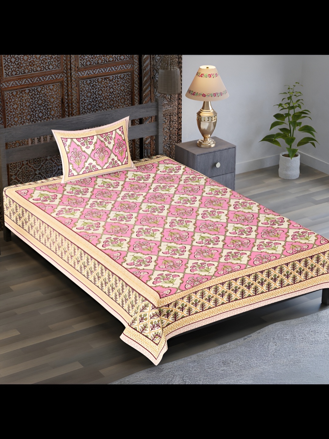 

UBANIA COLLECTION Pink & Beige Floral Cotton 120 TC Single Bedsheet with 1 Pillow Covers