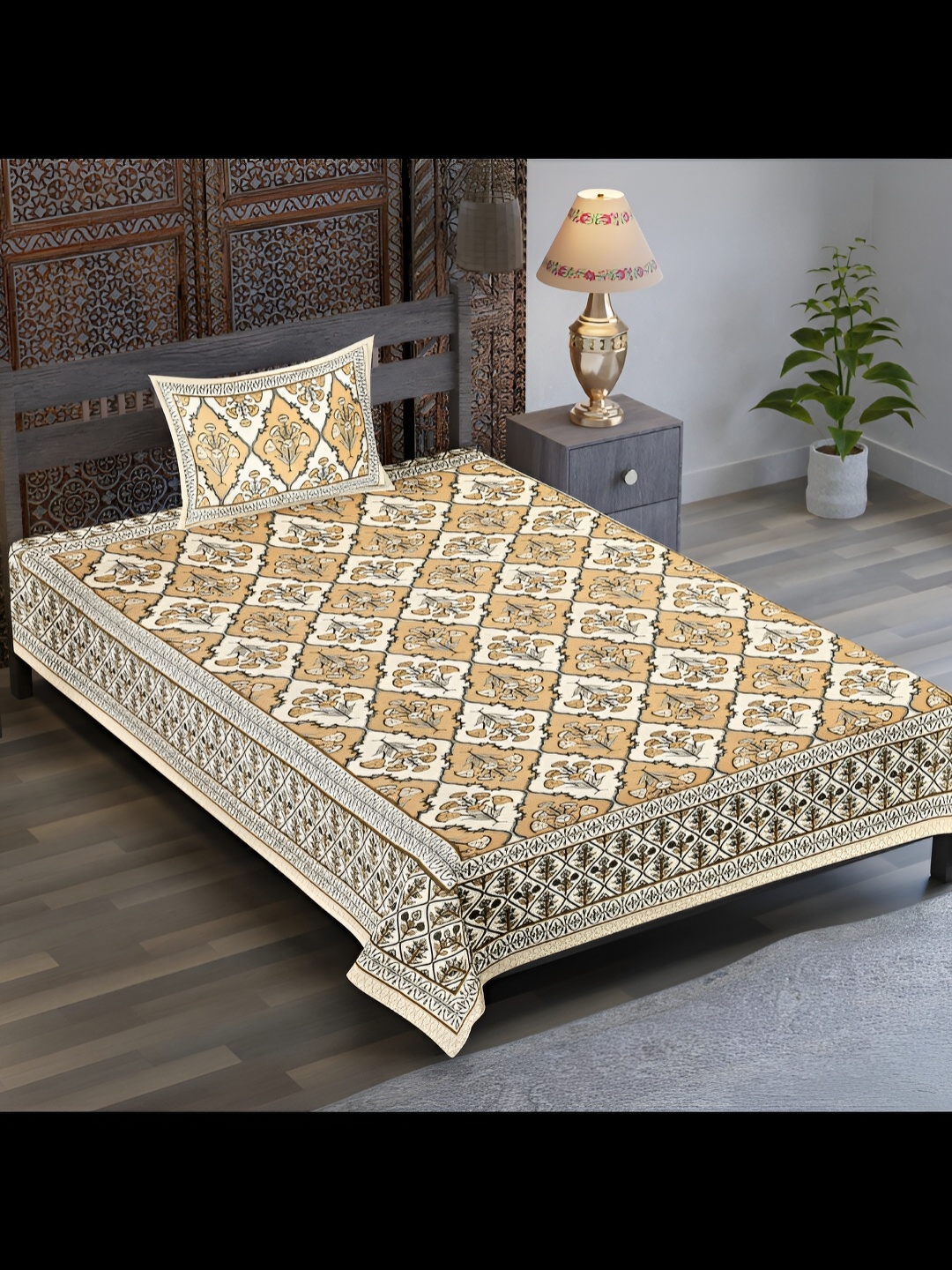 

UBANIA COLLECTION Brown ethnic Motifs Cotton 120 TC Single Bedsheet with 1 Pillow Covers