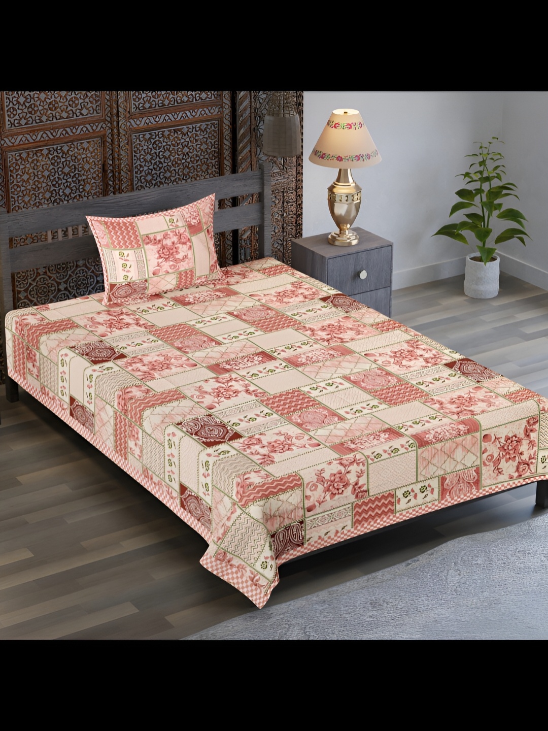 

UBANIA COLLECTION Peach Floral Cotton 120 TC Single Bedsheet with 1 Pillow Covers