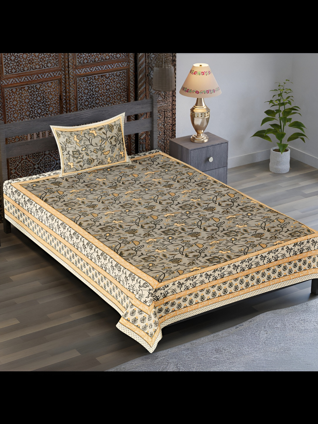 

UBANIA COLLECTION Grey & Beige Floral Cotton 120 TC Single Bedsheet with 1 Pillow Covers