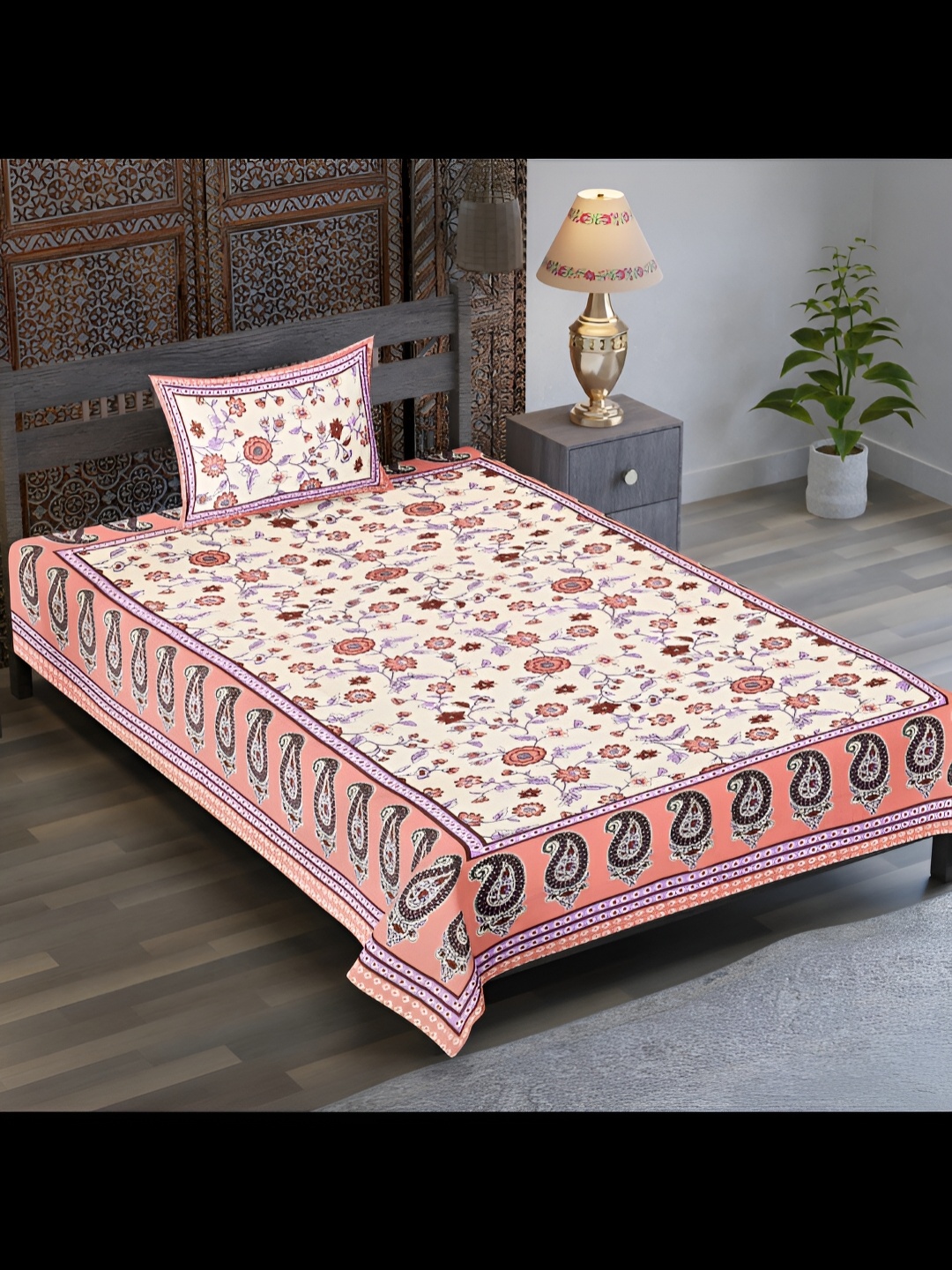 

UBANIA COLLECTION Peach Floral Cotton 120 TC Single Bedsheet with 1 Pillow Covers