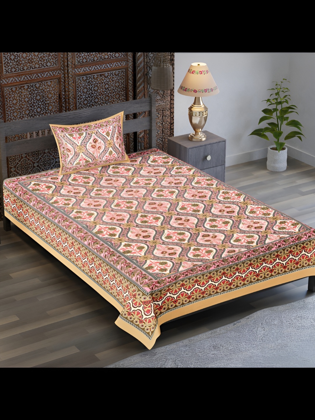 

UBANIA COLLECTION Brown Ethnic Motifs Cotton 120 TC Single Bedsheet with 1 Pillow Covers