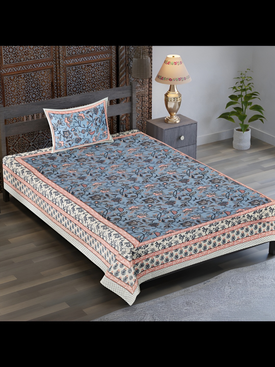 

UBANIA COLLECTION Blue Floral Cotton 120 TC Single Bedsheet with 1 Pillow Covers