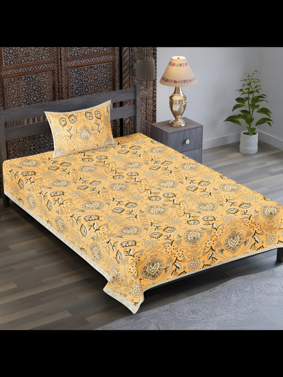 

UBANIA COLLECTION Yellow Floral Cotton 120 TC Single Bedsheet with 1 Pillow Covers