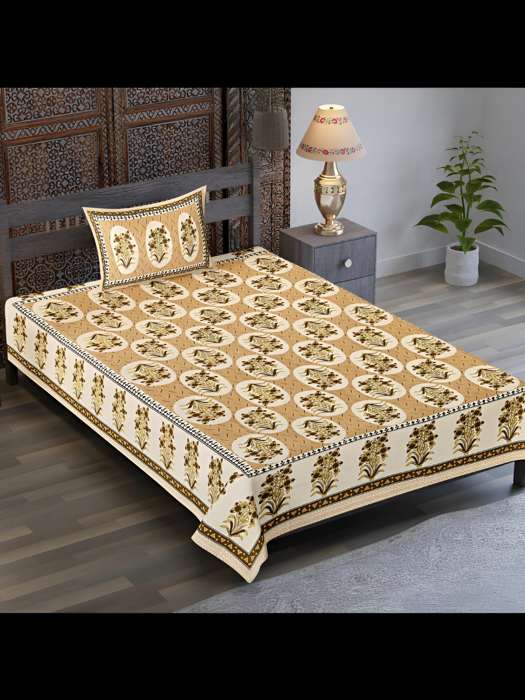 

UBANIA COLLECTION Brown Ethnic Motifs Cotton 120 TC Single Bedsheet with 1 Pillow Covers