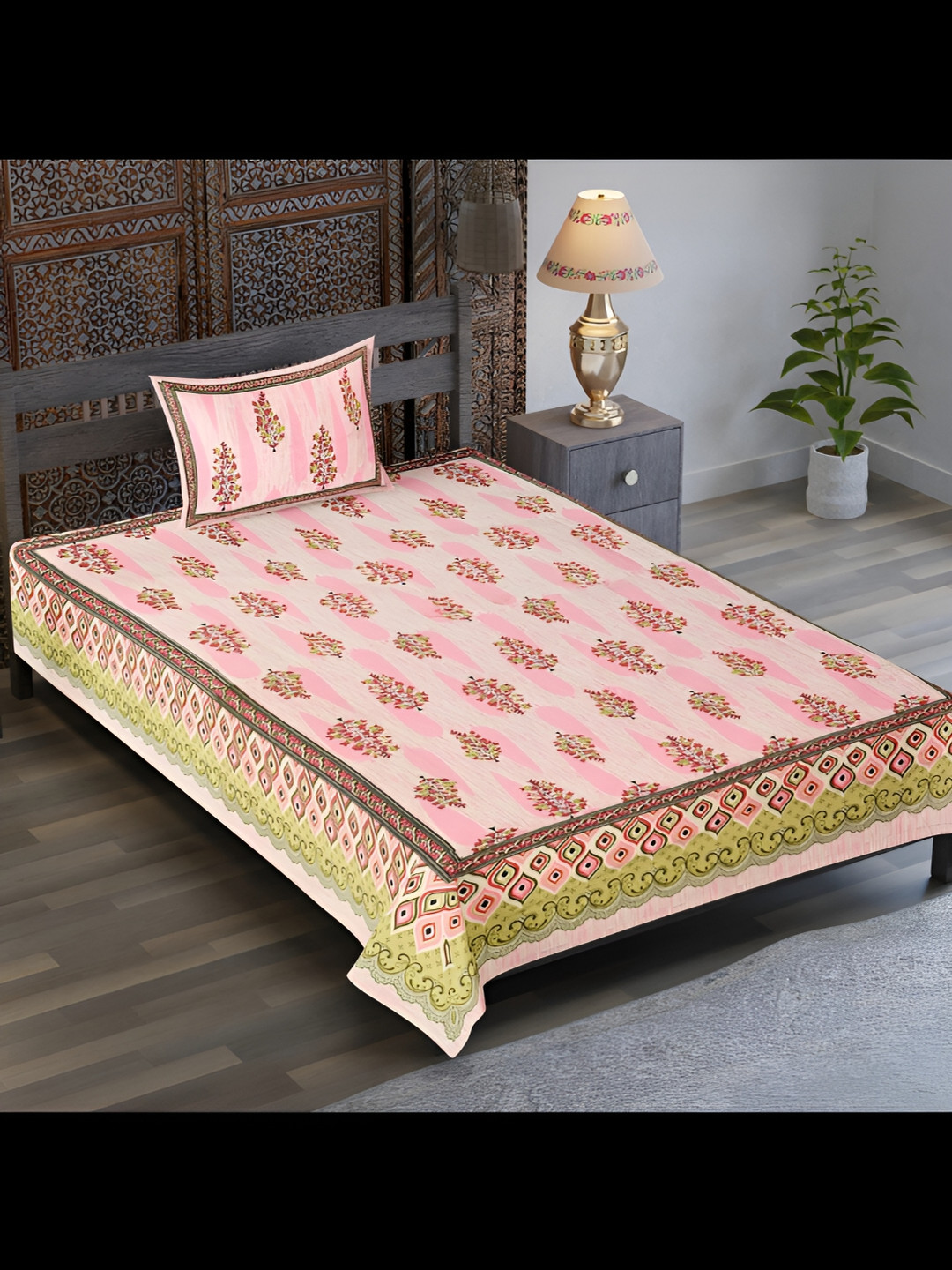 

UBANIA COLLECTION Pink ethnic Motifs Cotton 120 TC Single Bedsheet with 1 Pillow Covers