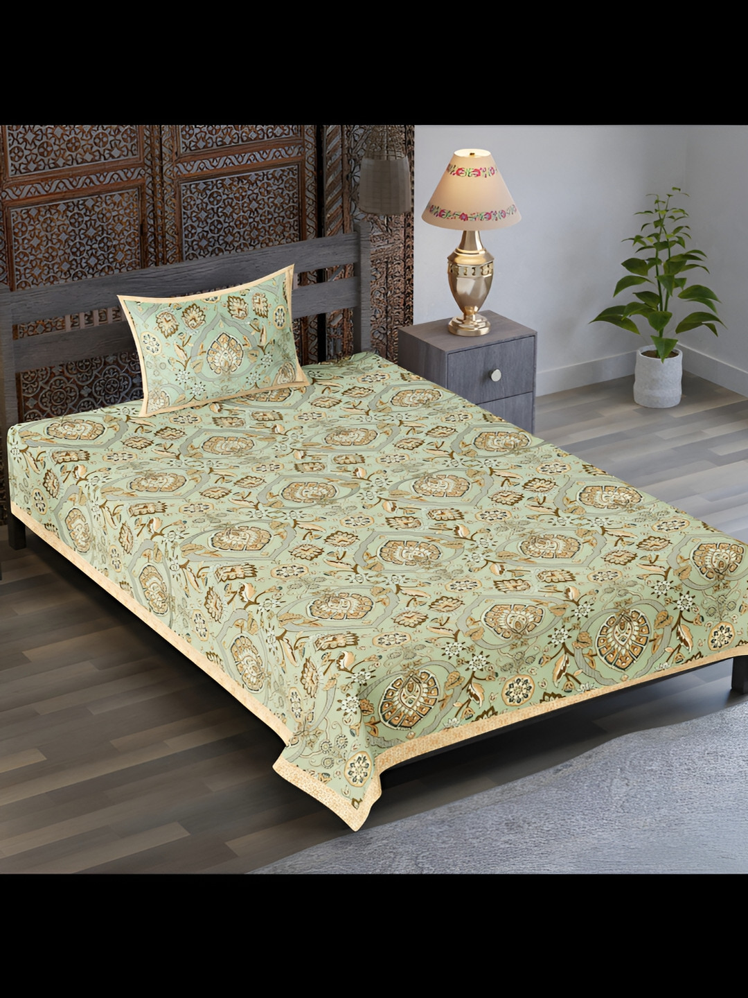 

UBANIA COLLECTION Green Ethnic Motifs Cotton 120 TC Single Bedsheet with 1 Pillow Covers