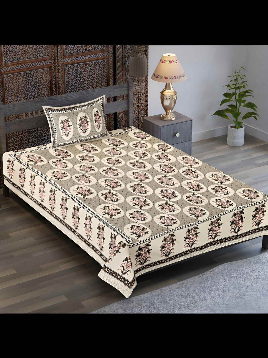 

UBANIA COLLECTION Grey Ethnic Motifs Cotton 120 TC Single Bedsheet with 1 Pillow Covers