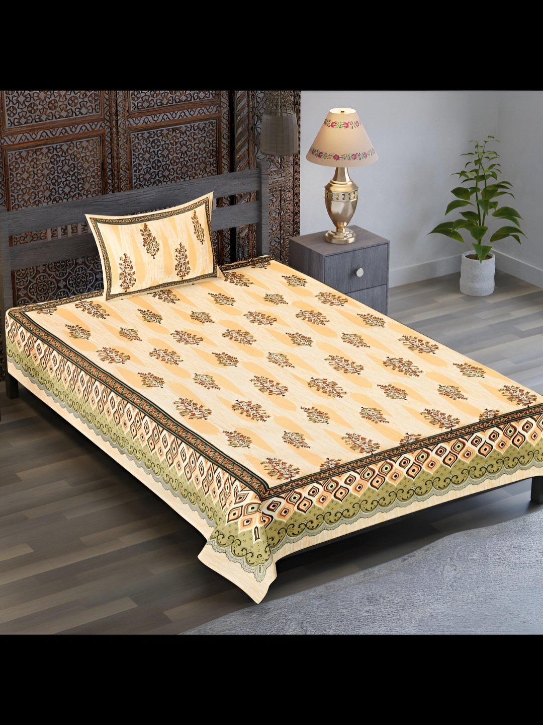 

UBANIA COLLECTION Beige Ethnic Motifs Cotton 120 TC Single Bedsheet with 1 Pillow Covers